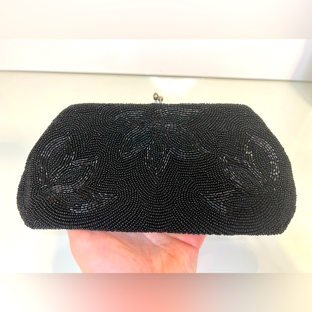 Vintage Black Beaded Evening Clutch Bag Wallet Handmade Made In Belgium EUC